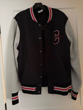 Champion Black and Gray Varsity Jacket with Red Trim